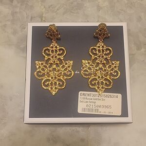 NWT Oscar De La Renta 18k Gold Lace Filigree Earrings Dangle Chandelier Large